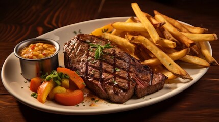 A steak with fries and a side of vegetables,
