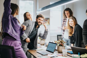 Fototapeta premium A diverse group of coworkers share a joyful moment, celebrating success during a project discussion in a modern office setting.