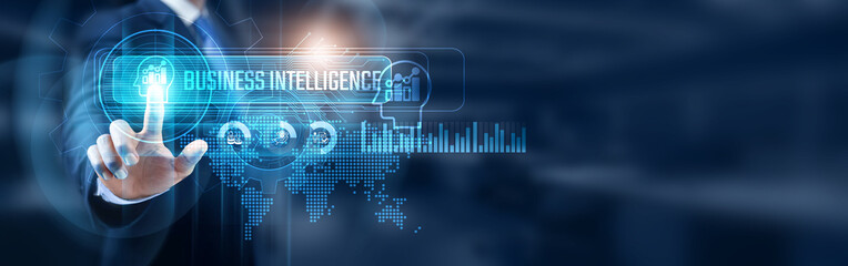 BI. Businessman touching business intelligence network connection, data analysis and decision making processes and strategic planning concept. Modern technology solutions.