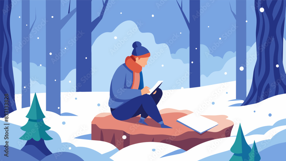 Poster the quiet stillness of a snowy forest where a person sits on a fallen tree trunk bundled up in layer