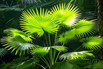 Green Palm Leaves Illuminated by Sunlight in Tropical Forest