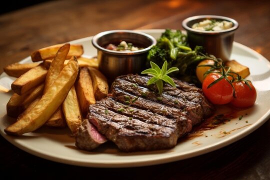 Another gourmet steak meal with a side of vegetables and fries,