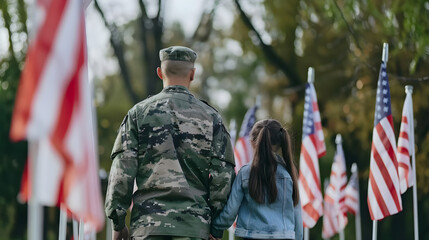Back view of father in military uniform holding hands with daughter near American flags with Memorial Day illustration. Suitable for Memorial Day promotion or military family appreciation.