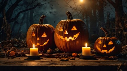 halloween background with pumpkin heads and candles