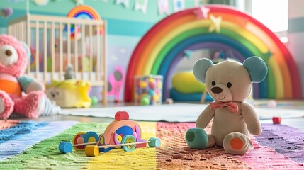 Colorful childrens toys and rainbow decor