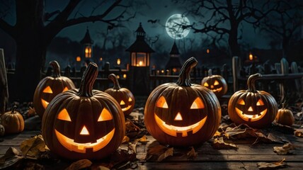 forest background at night with pumpkin heads and candles in the moonlight on halloween night