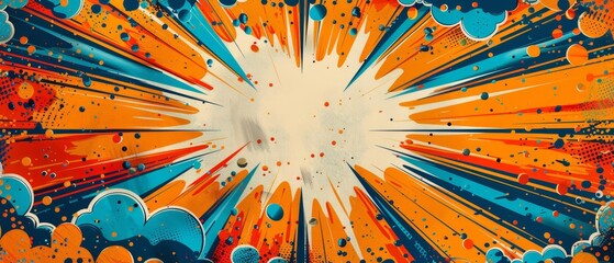 Comic book explosion with superhero theme, blank space for birthday card, vibrant pop art background, bold orange and blue bursts, retro design