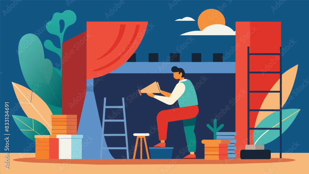 Poster the set designer works tirelessly creating a detailed and realistic backdrop that will transport the