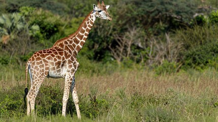 Obraz premium A young giraffe stands gracefully among the savanna shrubs, showcasing its patterned coat and habitat