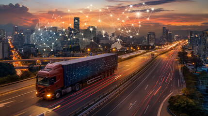 Red semi-truck driving on a busy highway at sunset with a futuristic digital network overlay connecting the cityscape in the background.