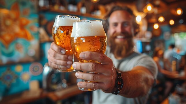 A close-up of a team of creatives clinking glasses of craft beer in their vibrant studio.