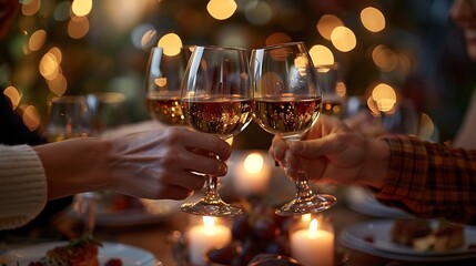 A close-up of colleagues toasting with glasses of vintage wine at a retirement farewell party for a senior executive.