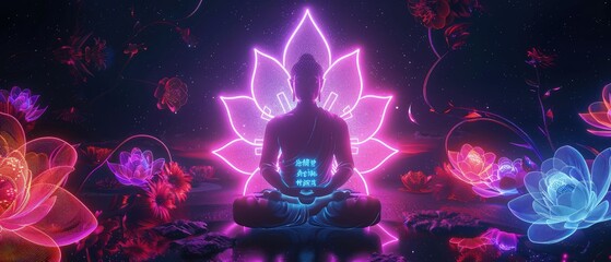 a zen meditation retreat with colorful neon abstract Japanese zen motifs against a serene black background, symbols and tranquil nature scenes, experience inner peace and mindfulness