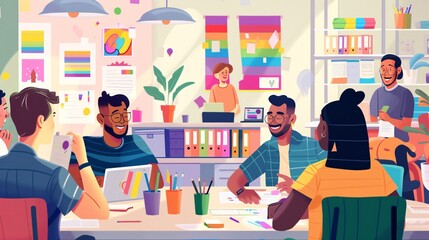 An office scene depicting a diverse group of employees working together in a modern, open-plan workspace. The office is decorated with subtle but noticeable Pride-themed elements such as rainbow