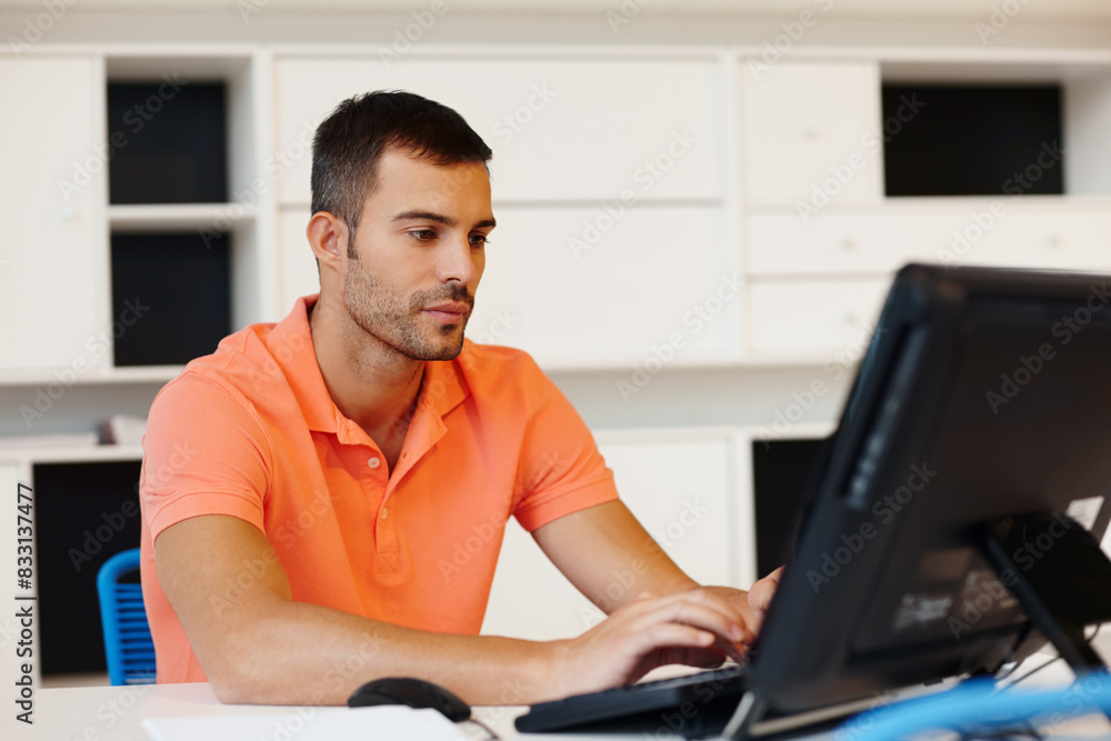 Aufkleber Young man, computer and work from home for online planning, virtual and technical problem solving on website. Software developer, designer or freelancer on PC for upgrade, download and typing on app