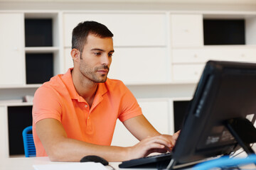 Young man, computer and work from home for online planning, virtual and technical problem solving...