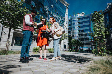 Three business entrepreneurs engage in a serious discussion about marketing strategies and profit growth outdoors.