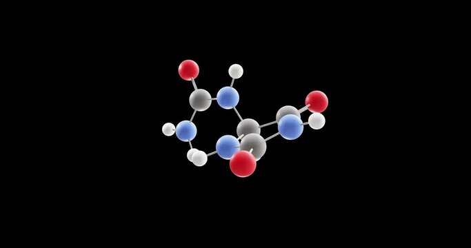 Allantoin molecule, rotating 3D model of 5-ureidohydantoin, looped video on a black background