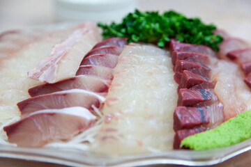 View of the yellowtail sashimi on the plate
