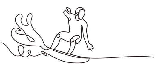 One single line drawing of young sporty surfer man riding on big waves in surfing beach paradise vector graphic illustration. Extreme water sport lifestyle concept. Modern continuous line draw design