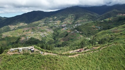 Kundasang, Malaysia - May 28 2024: Aerial View of the Sosodikon Hill Kundasang Sabah