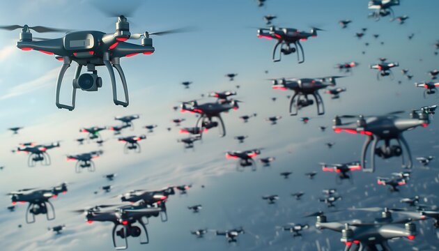 Drones Swarming Over Ocean and Coastline