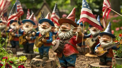 Gnome band playing patriotic music in a garden concert, with gnome audience waving flags - United...