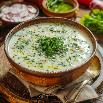 Azerbaijani summer soup dovga made from fermented milk and various greens.