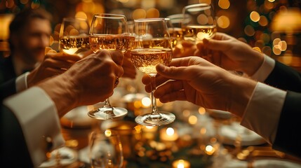 A close-up shot of colleagues toasting a senior executive with glasses of vintage wine at a retirement farewell party.
