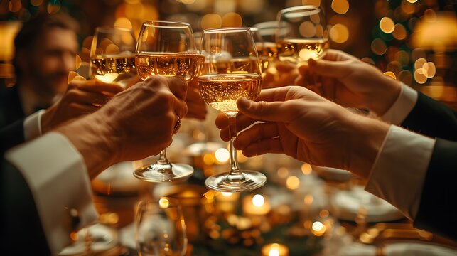 A close-up shot of colleagues toasting a senior executive with glasses of vintage wine at a retirement farewell party.