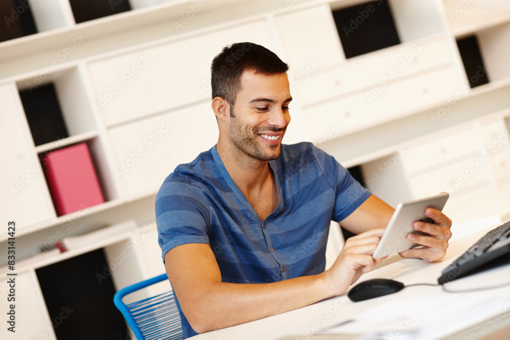 Aufkleber Creative man, tablet and work from home for project, planning and reading information or solution on website. Young designer or business freelancer typing on digital tech for PC upgrade on e commerce