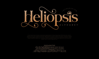 Helopsis premium luxury elegant alphabet letters and numbers. Vintage wedding typography classic serif font decorative vintage retro. creative vector illustration