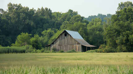Obraz premium A wooden barn that stands out among the green, rural landscape. Its impressive dimensions and traditional design add charm to this rural facility.
