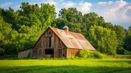 Obraz premium A wooden barn that stands out among the green, rural landscape. Its impressive dimensions and traditional design add charm to this rural facility.