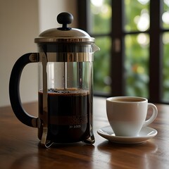 A French press with dark coffee slowly steeping inside, placed on a wooden breakfast table