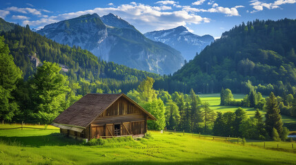 A wooden barn that stands out among the green, rural landscape. Its impressive dimensions and traditional design add charm to this rural facility.