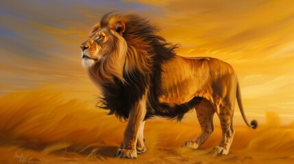A realistic oil painting of a majestic lion with a flowing mane, standing proudly in a golden savannah at sunset, capturing the regal essence of the animal.