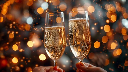 A close-up shot of hands holding sparkling wine glasses at a corporate New Year’s party.