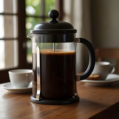 A French press with dark coffee slowly steeping inside, placed on a wooden breakfast table