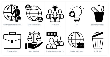 A set of 10 business and office icons as international business, global network, teamwork