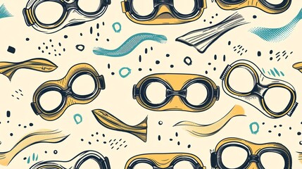 Hand-drawn seamless pattern featuring swimming goggles and fins, perfect for an aquatic and refreshing sports look