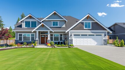 A modern two-story house with a white garage door and green lawn