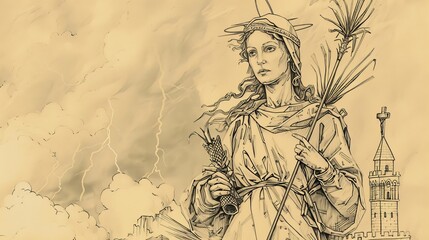 St. Barbara Holding Tower and Palm Branch with Stormy Skies, Biblical Illustration, Beige Background, Copyspace