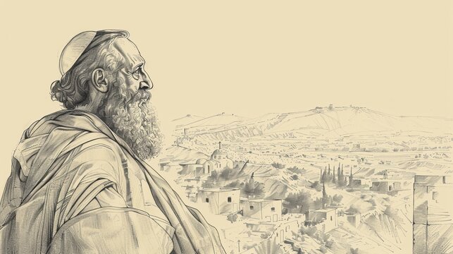 St. Barnabas Preaching in Ancient Cyprus, Biblical Illustration, Beige Background, Copyspace