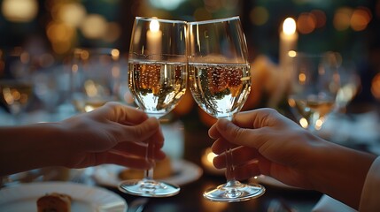 A close-up shot of hands toasting with fine crystal wine glasses during a sophisticated business dinner.
