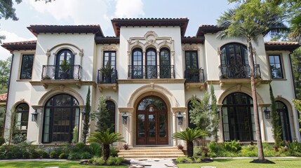 Fototapeta premium Luxury mediterranean style home exterior with beautiful landscaping