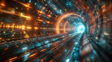 Digital age data stream, moving at light speed, abstract tech tunnel, bright colors, hightech, futuristic visualization