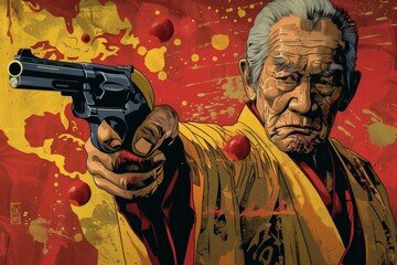Fototapeta premium A vivid illustration of an old Yakuza leader from the Japanese Mafia, holding a banana gun, combining intense and humorous details in a striking composition
