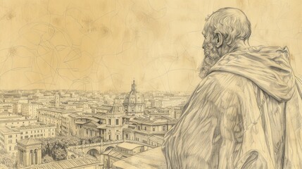 Fototapeta premium St. Benedict Joseph Labre Reflecting in Rome, Biblical Illustration, Beige Background, Copyspace