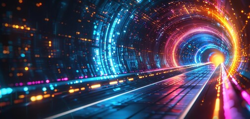 Fototapeta premium Futuristic digital tunnel with vibrant neon lights, representing technology, innovation, and virtual reality. Perfect for tech and sci-fi themes.